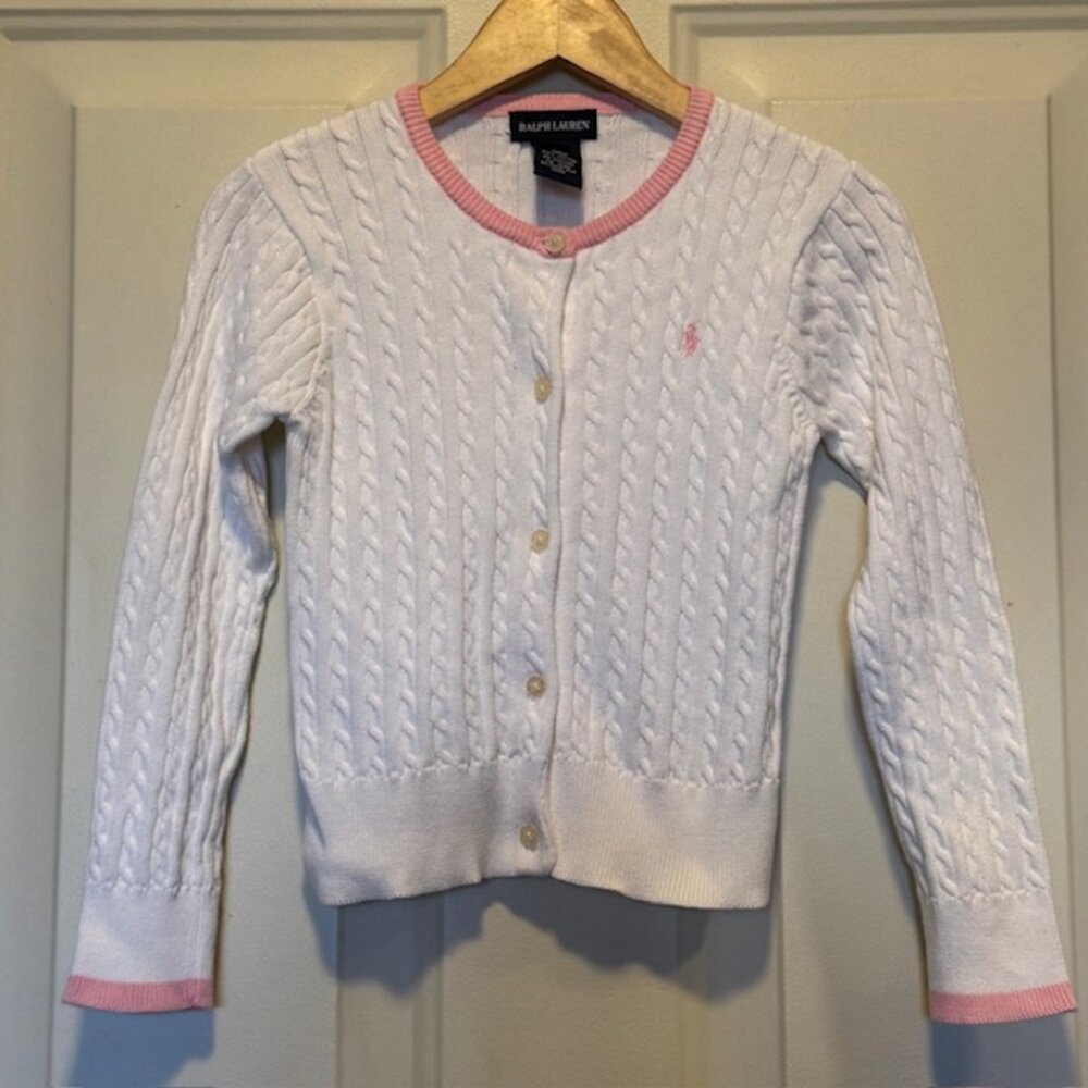 Ralph Lauren White Pink Cable Knit Cardigan Sweater sz 5 - Picture 3 of 7